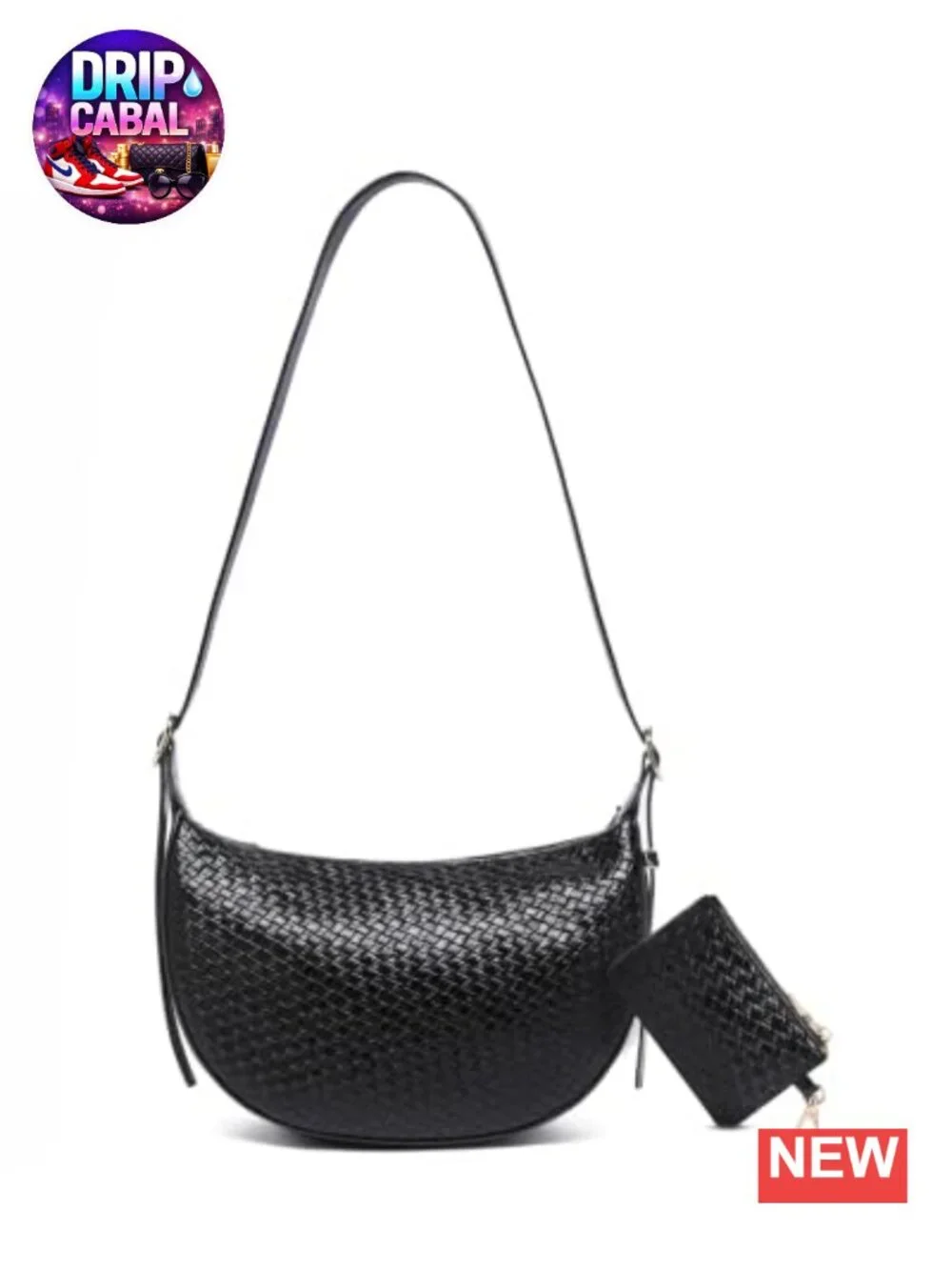 Woven Crescent Shoulder Bag 2PC Vegan Leather Hobo Crossbody Handbag